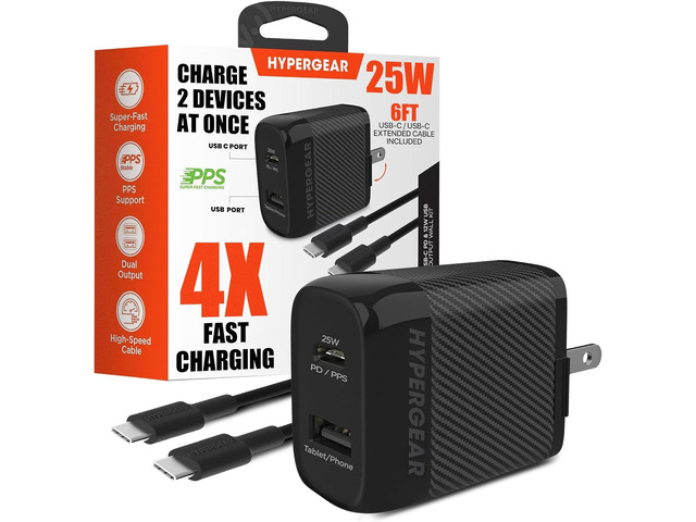 HyperGear Type C Charger Fast Charging - 25W PD & 12W Fast Charger USB-C Port with 6ft Cord Type C Quick Phone Chargers USB-C, Rapid Speed Charging...
