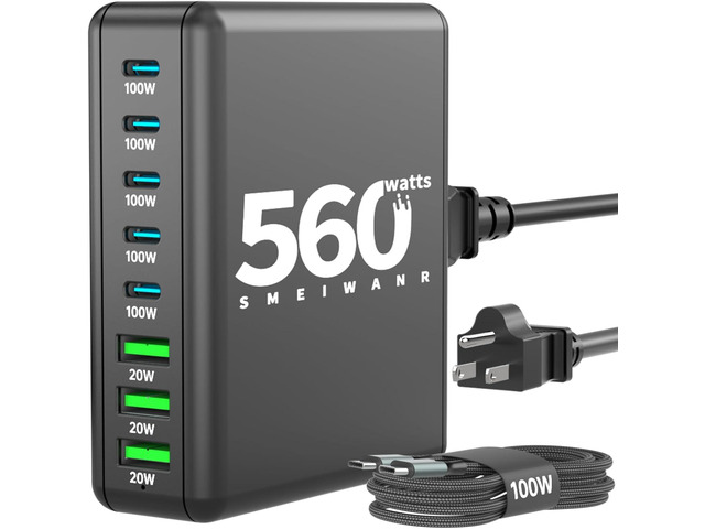 560W 8-Port USB C Charger Block, SMEIWANR Charging Station for Multiple Devices, Fast Charger GaN PD Compatible with MacBook, iPhone and Samsung...