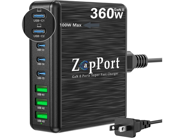 360W USB C Charging Station - 8 Ports Fast Charger Block PD 100W GaN Charger Block for Multiple Devices, Charging Hub for Laptop MacBook...