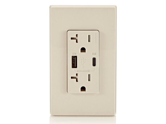 Leviton T5834-T 60W (20V@2.5A+ 5V@2A) USB Dual Type A/Type-C Power Delivery in-Wall Charger with 20A Tamper-Resistant Outlet, USB Charger for...