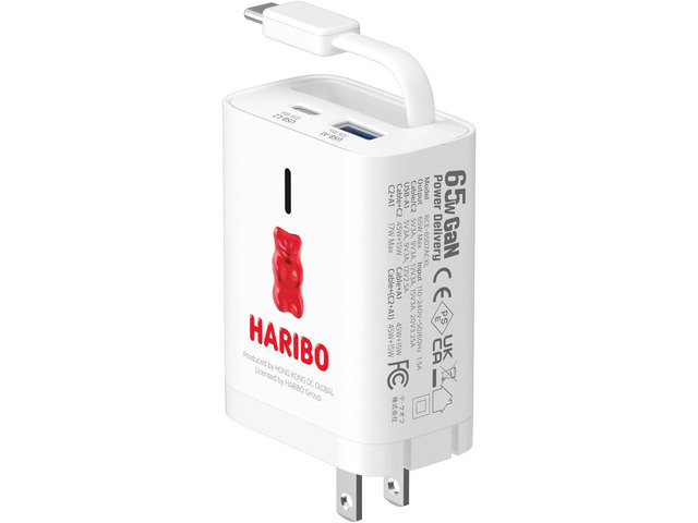 Haribo 65W GaN Wall Charger with Retractable USB-C Cable, Dual-Port PD 3.0 & QC 4+ / 4.0 Fast Charging for iPhone, Galaxy, Pixel, iPad, Tablets,...