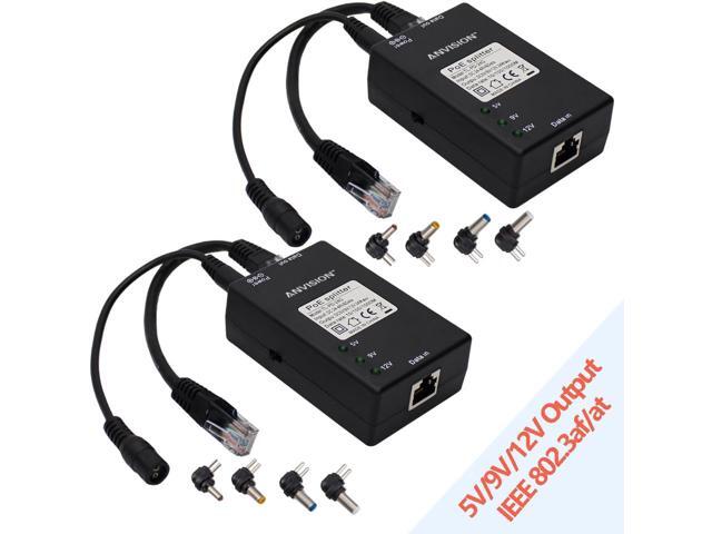 ANVISION 2-Pack Active Gigabit PoE Splitter Adapter with Multi-Size Tips, IEEE 802.3af Compliant, up to 100 Meters (328 Feet), DC 5V/9V/12V Power...