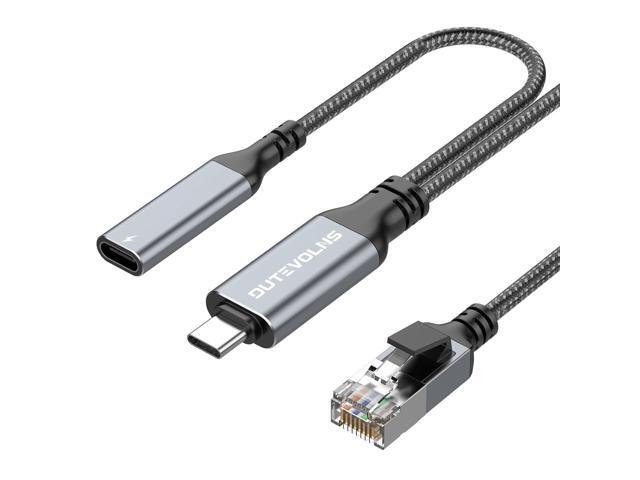 USB C to Ethernet Cable Female Charging 15 FT, USB-C Female 60W PD & Gigabit LAN Two in One, Type C to RJ45 Nylon Cord, Directly Connected, for...