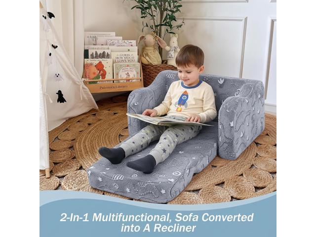 MeMoreCool Kids Dinosaur Couch Foldable Toddler Chair, Glow-in-The-Dark Flip-Out Sofa, Convertible Lounge Seat for Boys Ages 13, Plush Fold-Out...