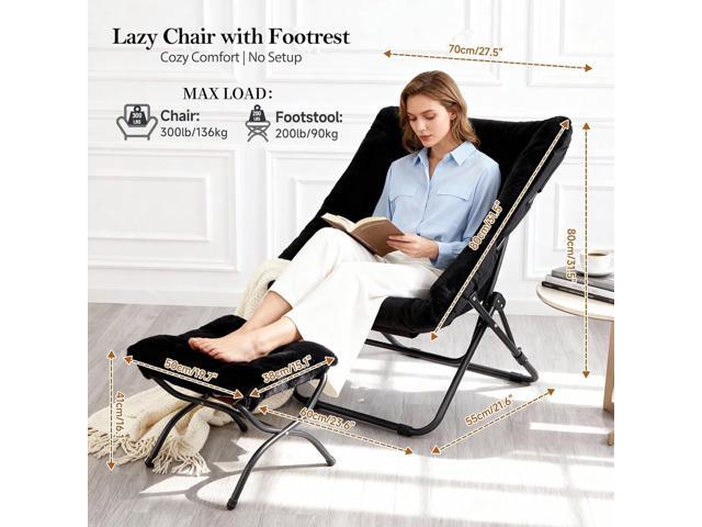 Oversized Folding Faux Fur Chair with Ottoman, X-Large Soft Saucer Chair, Foldable Metal Frame for Bedroom, Living Room, Balcony (Black)