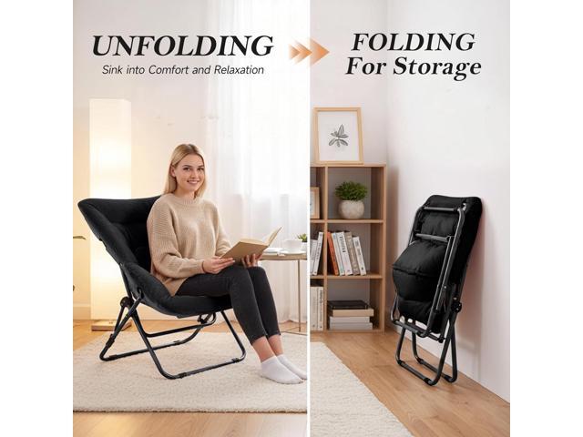 Oversized Folding Faux Fur Chair with Ottoman, X-Large Soft Saucer Chair, Foldable Metal Frame for Bedroom, Living Room, Balcony (Black)