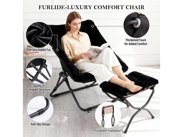 Oversized Folding Faux Fur Chair with Ottoman, X-Large Soft Saucer Chair, Foldable Metal Frame for Bedroom, Living Room, Balcony (Black)
