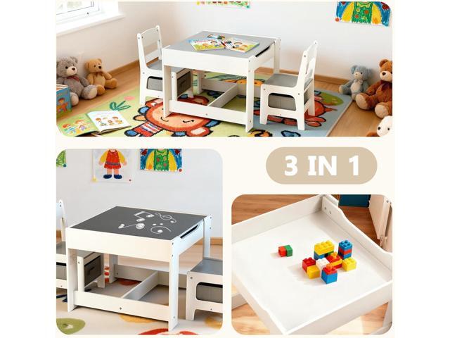 Kinder King Kids Wood Table & 2 Chairs Set, 3 in 1 Children Activity Table w/Storage, Removable Tabletop, Blackboard, 3-Piece Toddler Furniture Set...