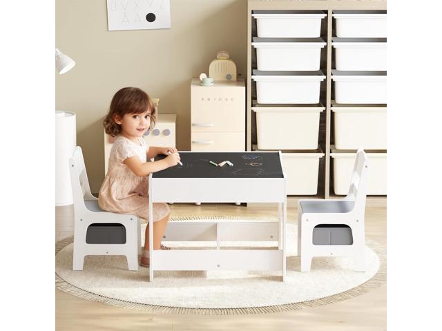 Kinder King Kids Wood Table & 2 Chairs Set, 3 in 1 Children Activity Table w/Storage, Removable Tabletop, Blackboard, 3-Piece Toddler Furniture Set...