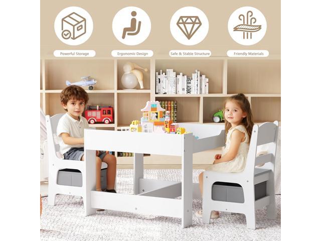 Kinder King Kids Wood Table & 2 Chairs Set, 3 in 1 Children Activity Table w/Storage, Removable Tabletop, Blackboard, 3-Piece Toddler Furniture Set...