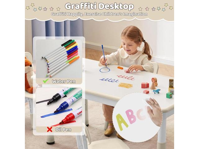 Height-Adjustable Kids Table and 4 Chairs Set, Toddler Table and Chair Set with Graffiti Desktop, 31.5''L x 23.6''W Children Activity Table for...