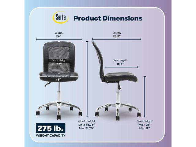 Serta Essential Armless TaskChair, Small Desk Chairs with Wheels, Breathable Mesh Back and Faux Leather, Quality Foam Cushion Seat for Comfort,...