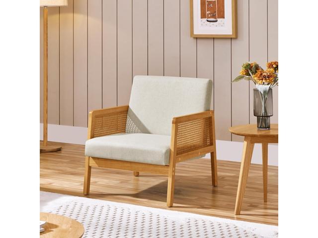 Yaheetech Beige Accent Chair, Armchair with Wood Legs, Mid Century Living Room Chair, Linen Fabric Lounge Chair for Bedroom Reading Room, Beige