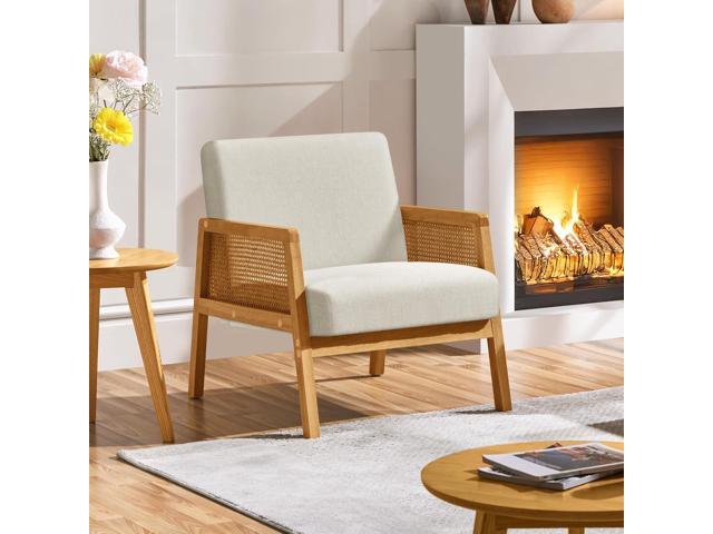 Yaheetech Beige Accent Chair, Armchair with Wood Legs, Mid Century Living Room Chair, Linen Fabric Lounge Chair for Bedroom Reading Room, Beige