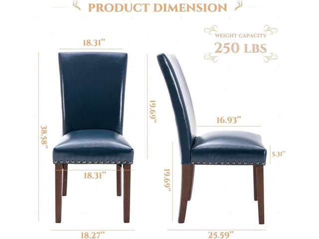 Parsons Dining Chairs Set of 2, Upholstered Nailhead PU Leather Dining Room Kitchen Side Chair with Thick Cushions and Wood Legs, Blue
