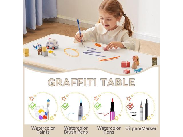 Kids Study Table and Chairs Set, Height Adjustable Toddler Table and Chair Set for Kids Ages 3-8, Graffiti Desktop (Burlywood - 1)