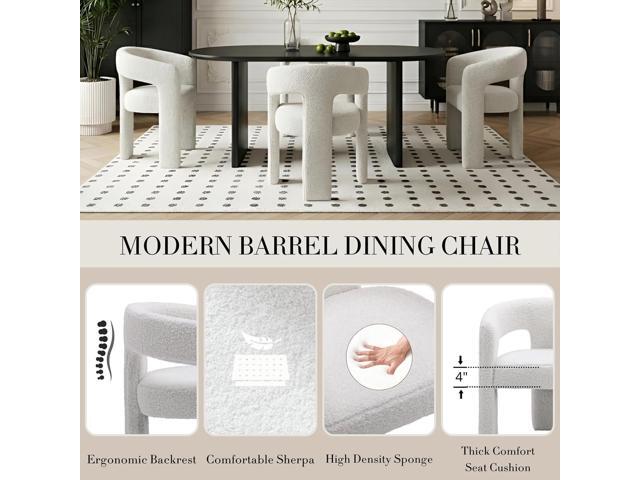Modern Sherpa Barrel Dining Chair Upholstered Faux Fur Dining Room Chair with arm Comfy Accent Side Chair for Kitchen/Living Room/Reception, White