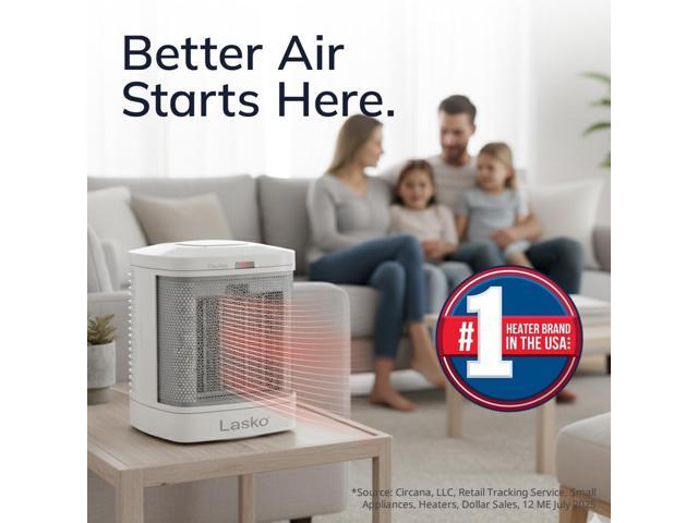 Lasko Portable Electric Ceramic Space Heater with ALCI Plug for Bathroom Use, 2 Heat Settings and Simple Heat Button, 8 Inches, White, 1500W, CD08200