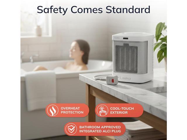 Lasko Portable Electric Ceramic Space Heater with ALCI Plug for Bathroom Use, 2 Heat Settings and Simple Heat Button, 8 Inches, White, 1500W, CD08200