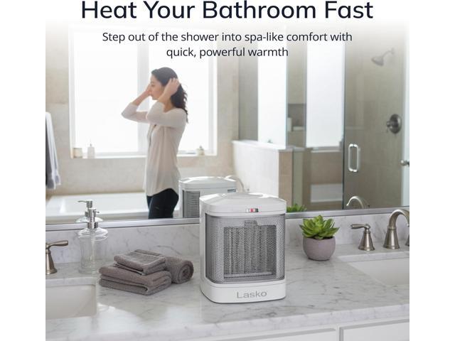 Lasko Portable Electric Ceramic Space Heater with ALCI Plug for Bathroom Use, 2 Heat Settings and Simple Heat Button, 8 Inches, White, 1500W, CD08200