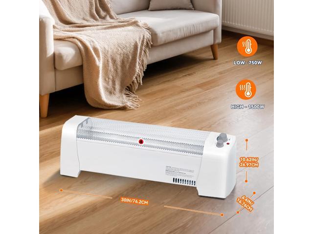 Electric Baseboard Heater, 1500W Convection Heater with Adjustable thermostat and Overheat Protection, Slient Operation for indoor use, White