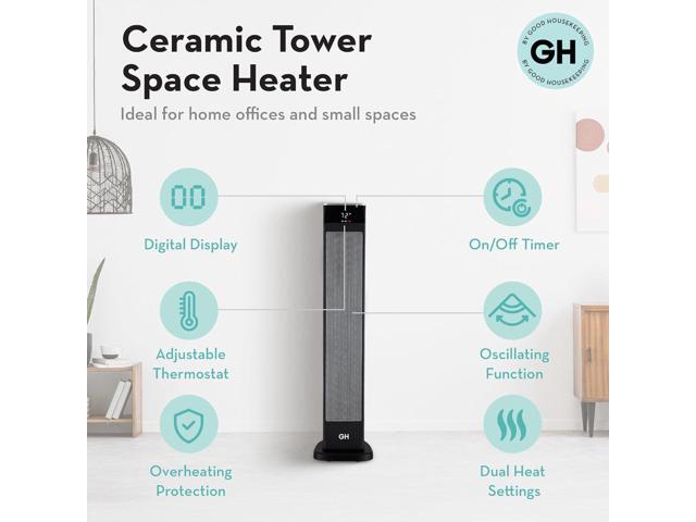 Good Housekeeping Oscillating Ceramic Tower Space Heater with Remote, 30', Black