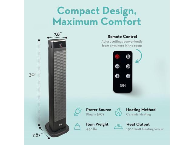 Good Housekeeping Oscillating Ceramic Tower Space Heater with Remote, 30', Black