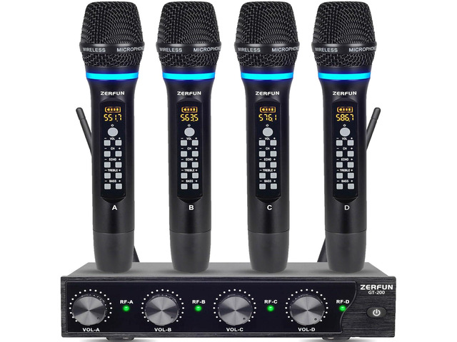 4 Channel Rechargeable Wireless Microphone System, Pro UHF Metal Handheld Wireless Microphones Cordless Mics with Echo Treble BASS VOL Channel...