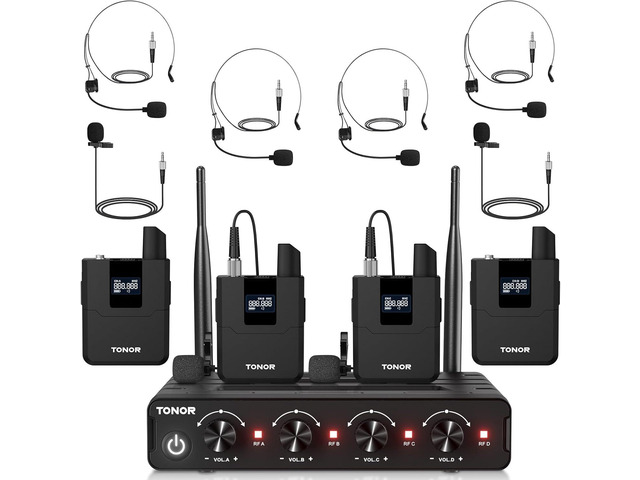 TONOR Wireless Microphones System with UHF Headset/Lavalier Lapel Mics, Bodypack Transmitter, Receiver, 4 * 10 Channels, 200ft Range for Church...
