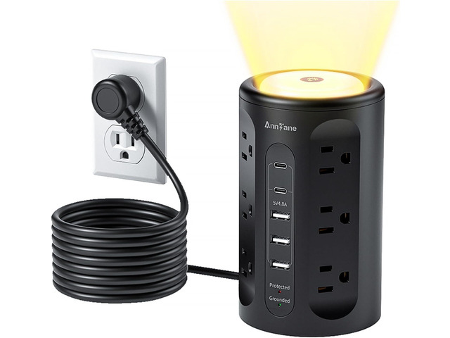 AnnTane Power Strip Tower with Night Light, Power Strip Surge Protector with USB Ports, Extension Cord 10 FT with Multiple Outlets (12AC+3A+2C) for...