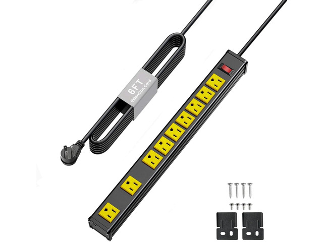 FENJIKRONIX 9 Outlet Long Power Strip Wall Mount, Heavy Duty Power Strip with Switch, 14AWG Flat Plug Extension Cord 6 ft, Metal for Workbench,...