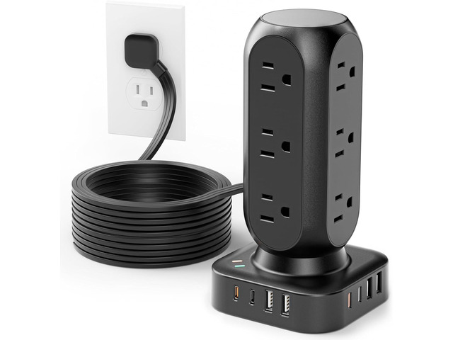 Flat Plug Power Strip Tower, TenTrend Dual PD 20W USB-C Surge Protector with 12 AC Outlets & 8 USB Ports (4 USB C), 40W Total Fast Charging...