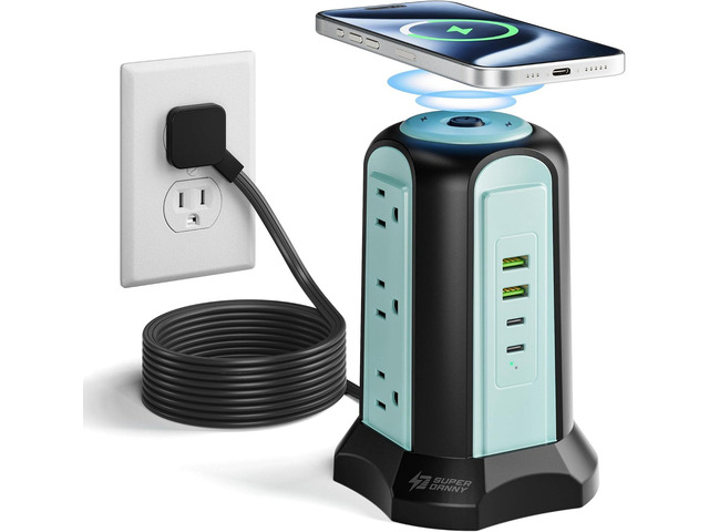 Power Strip Tower Wireless Charger, SUPERDANNY Surge Protector Tower, 10A 1080J Charger Station with 9 Outlets & 4 USB Ports, Extension Cord 10ft...