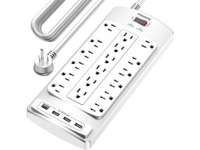 18 Outlets Surge Protector Power Strip - 20 Feet Flat Plug Heavy Duty Extension Cord with 18 Widely Outlets and 4 USB Ports, 2100 Joules, White,...