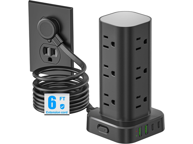 Tower Power Strip with Surge Protector - 12 AC Outlets & 4 USB Ports (2 USB-C), 6FT Extension Cord, Charging Station Tower for Home Office Dorm...
