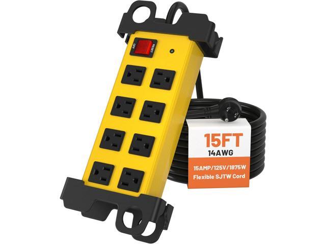 8 Outlet Heavy Duty Power Strip, 2700J Surge Protector with 15FT Extension Cord, Industrial Metal Powerstrip 15Amp, Wall Mount for Garage Workshop...