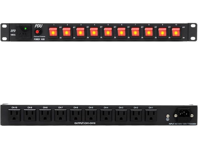 10 Outlets 1U Horizontal PDU Network Rackmount Power Strip with Surge Protector, (SPD-10KA) 100-240V,15A 3600 Joules, w/10 LED Switches and 6ft 14...
