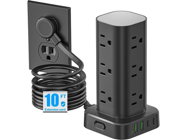 Flat Plug Power Strip Tower Surge Protector, 10FT Flat Extension Cord with Multiple Outlets, 12 AC Outlets, 4 USB Ports (2 USB C) Charging Station...