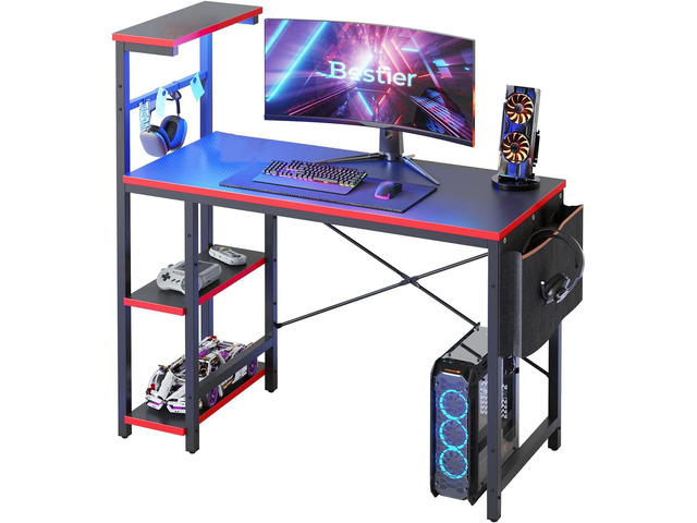 Bestier Gaming Desk with LED Lights, 44 Inch PC Gamer Desk for Small Spaces, Computer Desk with Reversible Storage Shelves & Side Storage Bag...