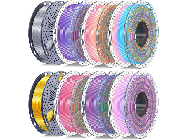 SUNLU Silk PLA+ Filament 1.75mm Multicolor 250gx8, Silky Glossy PLA Plus 3D Printer Filament Bundle, 6 Rainbow Series+Gold+Silver