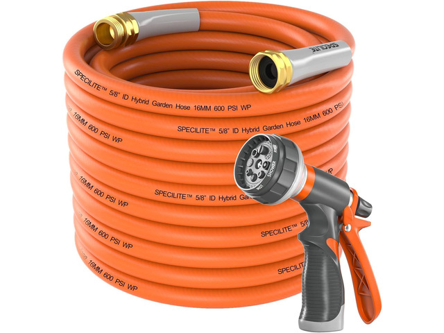 SPECILITE Garden Hose 50 ft x 5/8 in Heavy Duty, Flexible and Lightweight Water Hose, Burst 600 psi, Kink-less Hybrid Rubber Hose for Backyard,...