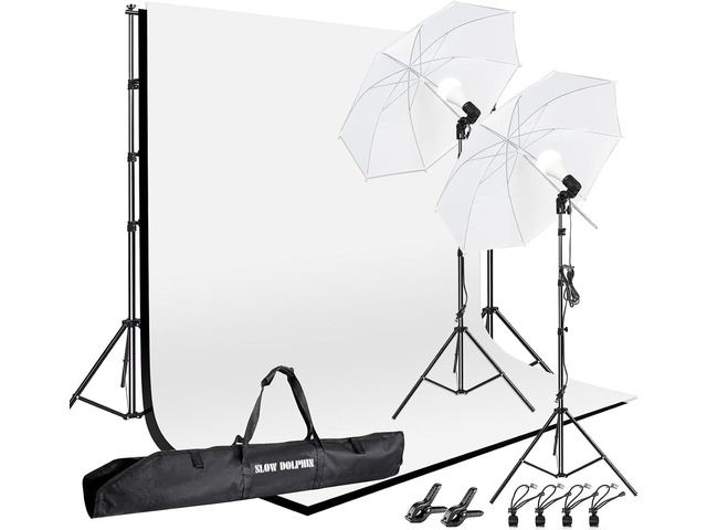 SLOW DOLPHIN 10 x 8.5 ft Photography Photo Video Studio Background Stand Support Kit with Muslin Backdrop (White Black), 5500K 85W LED Blub,...