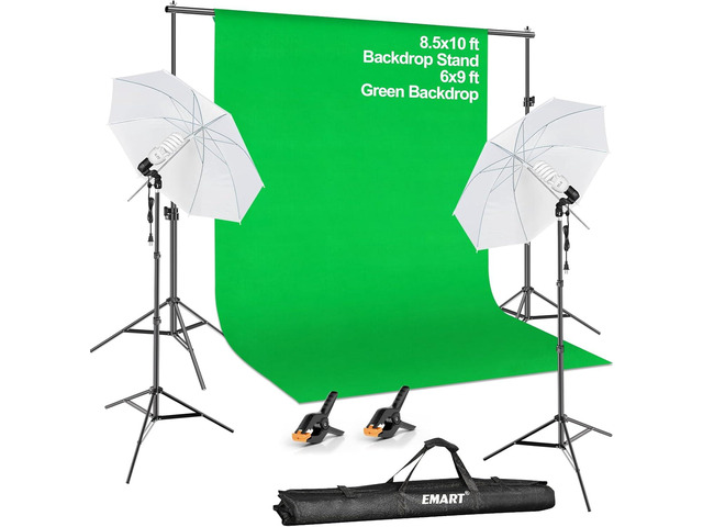 EMART 8.5X10 FT Green Screen Backdrop Kit, Photography Umbrella with 5500K Bulbs, 6X9 FT Green Backdrop with Spring Clamps, Professional...