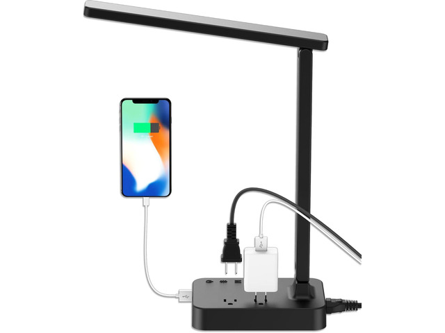 Drevet LED Desk Lamp for College Dorm Room, Desk Light with 1 USB Charging Port 2 AC Power Outlet, 3 Lighting Modes, 3 Level Brightness Touch Lamp,...