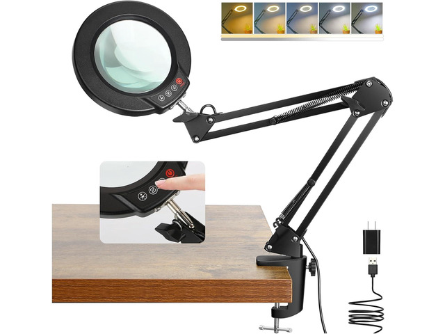Coyeth 10X Magnifying Glass with Light and Clamp, Real Glass Stand Lighted Magnifier, 5 Color Modes Stepless Dimmable LED Desk Lamp Hands Free for...
