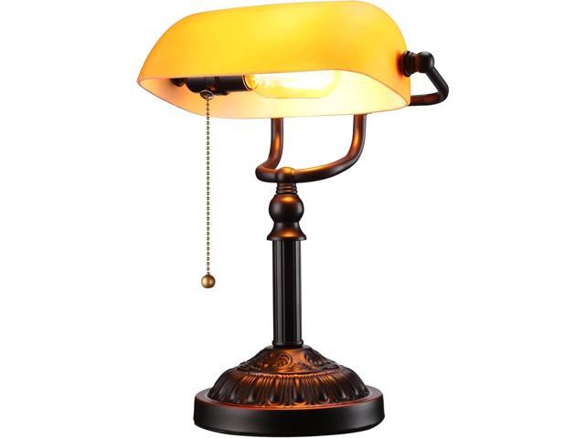TORCHSTAR Amber Glass Bankers Desk Lamp with Pull Chain, E26 Base Retro Weighted Base, Antique Traditional Library Lamp for Office Study Room,.