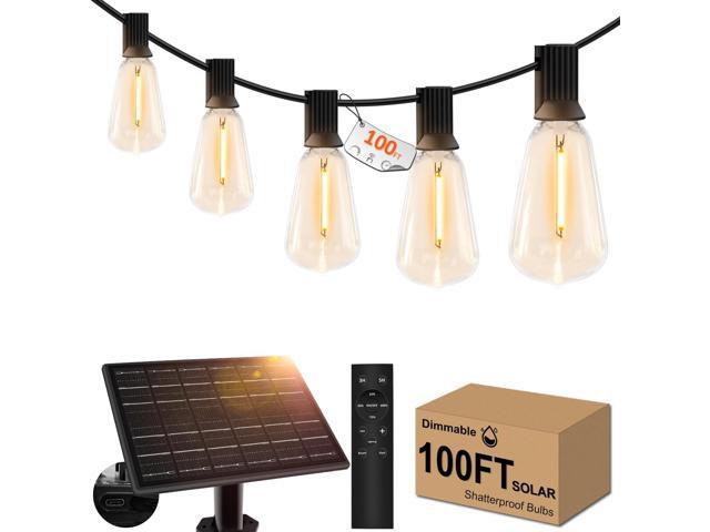100ft Solar Outdoor String Lights with Remote - USB Rechargeable Solar Powered Outdoor Patio Lights, Larger 3.5W Solar Panel , Timer, Dimmable.