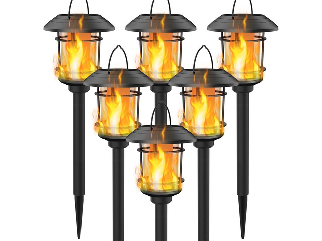 Dynaming 6 Pack Solar Flame Torch Lights Outdoor, Halloween Dual Use Flickering Flame Garden Light, Christmas Hanging Lanterns, Auto On/Off &...