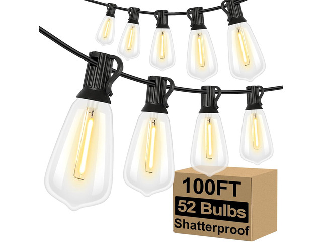 Brightever LED Outdoor String Lights 100FT Patio Lights with 52 Shatterproof ST38 Vintage Edison Bulbs, Outside Hanging Light Waterproof for Porch,...