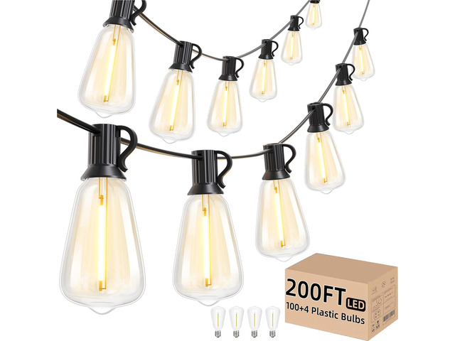 Svater 200 FT Outdoor String Lights, Waterproof Outside Light 104 Bulbs 2 Pack 100 FT Patio Lighting, Connectable For Bistro Cafe Market...